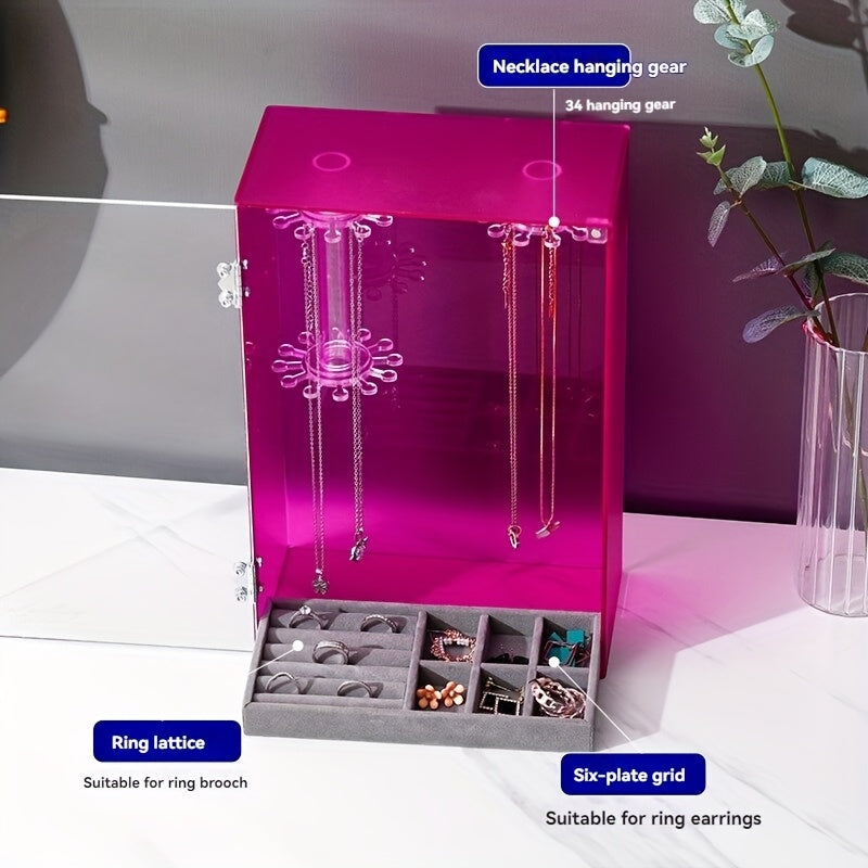 Acrylic Jewelry Organizer Box with Magnetic Closure - Rotating Display for Necklaces, Bracelets, Earrings & Rings - Polished Desktop Storage Box with Fabric Interior, Multi-Hook Design for Organized Access, Jewelry Box, Jewelry Organizer Storage,