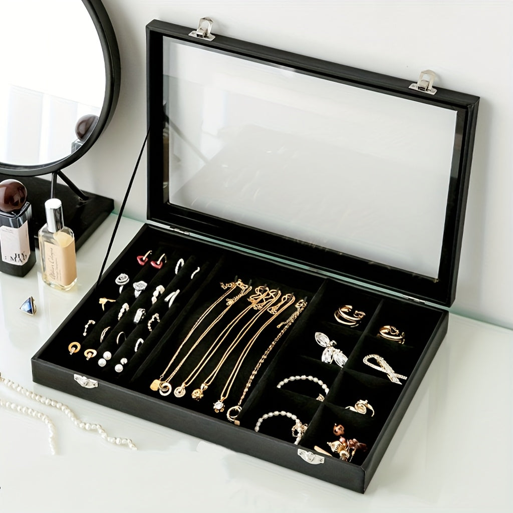 Classic Black Velvet Jewelry Box with Clear Glass Lid, Multi-Compartment for Necklaces and Rings Durable Metal Clasp Ideal Gift or Personal Use