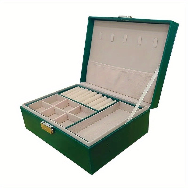 Large Capacity PU Leather Jewelry Box with Golden-Tone Hinges & Locking Mechanism - Beige Multi-Tier Organizer with Soft Cushioned Compartments, Drawers & Open Shelves for Home, Office, Boutique Storage - Elegant Gift Box for Jewelry, Watches, Accessories