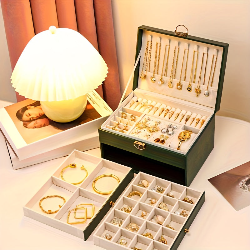 Luxurious Jewelry Organizer Box with Lock - Large Capacity Multi-Layer Display Case for Necklaces, Earrings Bracelets & Watches in Faux Leather Finish. Ideal Gift or Home/Salon Storage Solution, Jewelry Boxes