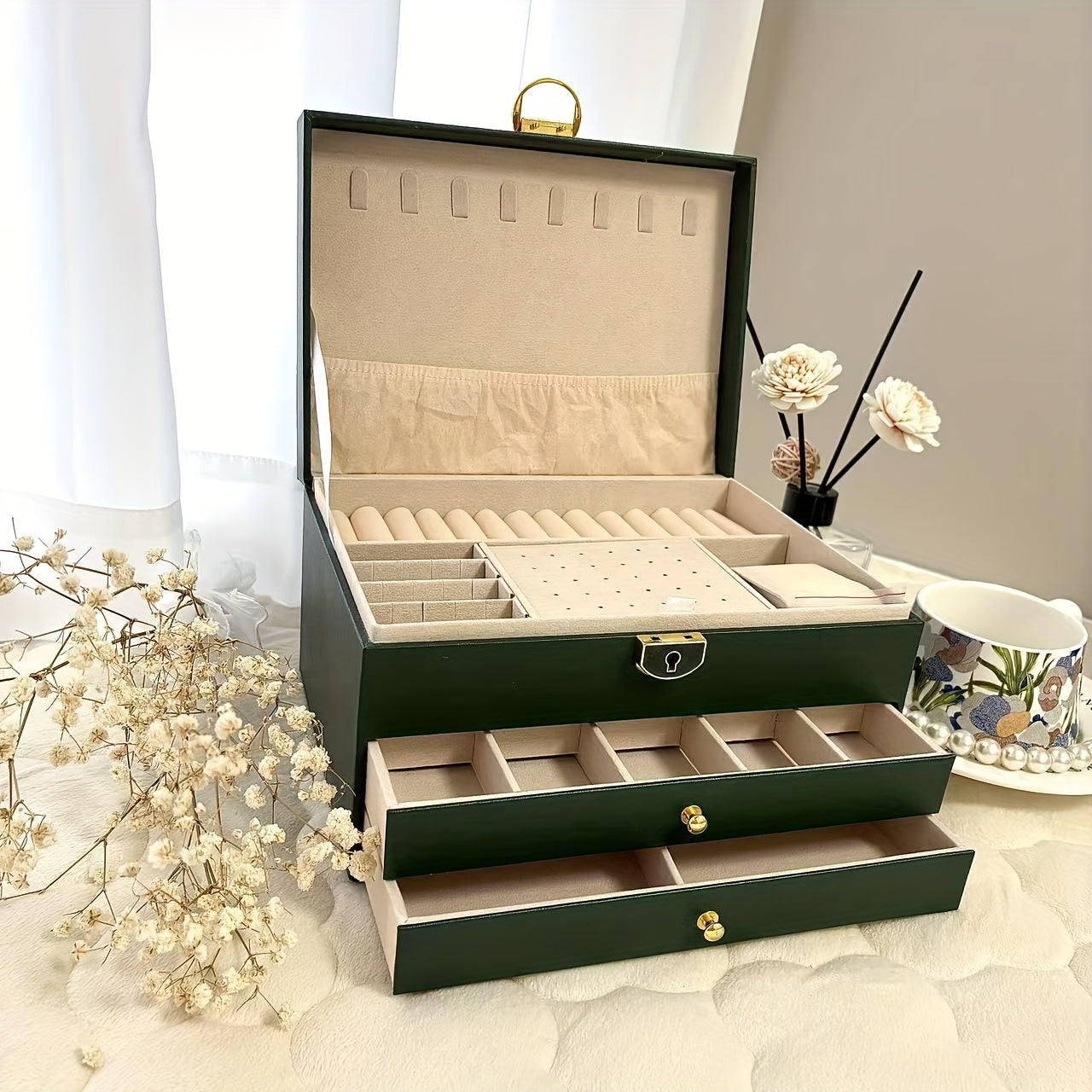 Luxurious Jewelry Organizer Box with Lock - Large Capacity Multi-Layer Display Case for Necklaces, Earrings Bracelets & Watches in Faux Leather Finish. Ideal Gift or Home/Salon Storage Solution, Jewelry Boxes