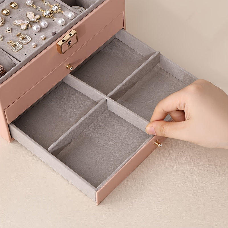 1pc Large Multi-Tier Jewelry Box With Lock, Double Drawer, Multi-Functional Storage Box For Necklace, Rings, Earrings, Watches
