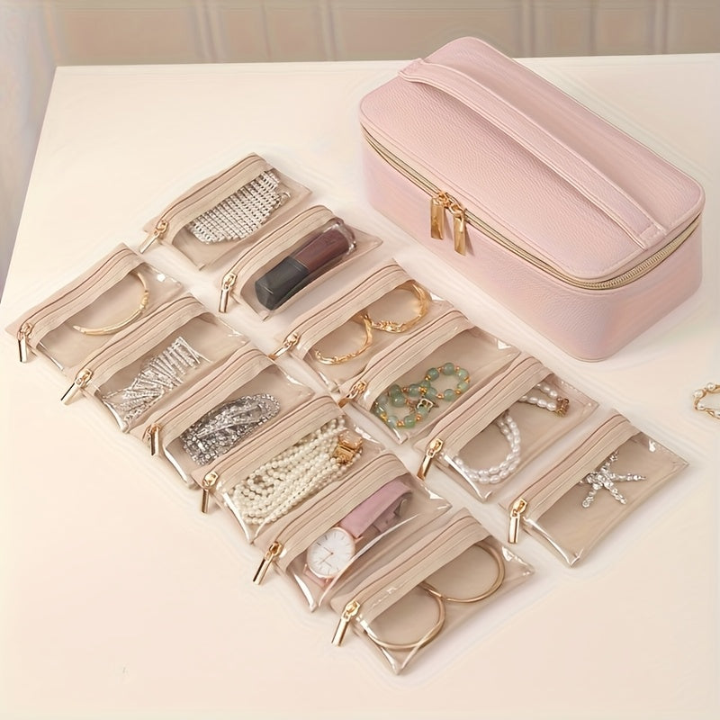 New Trendy Portable Jewelry Box Transparent Jewelry Organizer Large Faux Leather Jewelry Organizer Holiday Gift for Women, Home Dormitory Travel Use Simple Multifunctional Jewelry Box, Transparent Jewelry Bag Storage Bracelet, Earrings, Golden, Necklace,