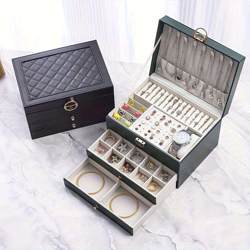 Luxury Key Lock Jewelry Box - Elegant Divided Storage Box, Suitable for Necklaces, Earrings, Bracelets, Watches - Secure Lock Design, Soft Lining - Perfect Gift for Valentine'S Day, Christmas, Birthday - Home or Boutique Display Box - Available in Green,