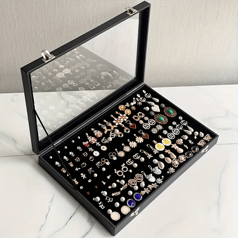Classic Black Velvet Jewelry Box with Clear Glass Lid, Multi-Compartment for Necklaces and Rings Durable Metal Clasp Ideal Gift or Personal Use