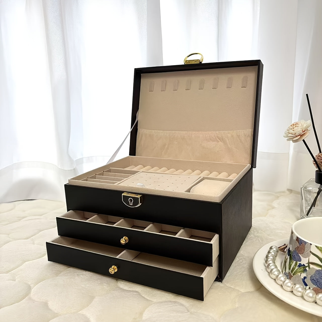 Luxurious Jewelry Organizer Box with Lock - Large Capacity Multi-Layer Display Case for Necklaces, Earrings Bracelets & Watches in Faux Leather Finish. Ideal Gift or Home/Salon Storage Solution, Jewelry Boxes