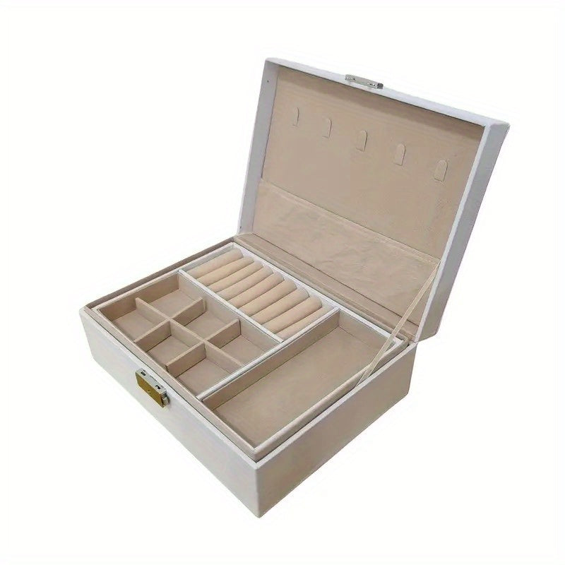 Large Capacity PU Leather Jewelry Box with Golden-Tone Hinges & Locking Mechanism - Beige Multi-Tier Organizer with Soft Cushioned Compartments, Drawers & Open Shelves for Home, Office, Boutique Storage - Elegant Gift Box for Jewelry, Watches, Accessories