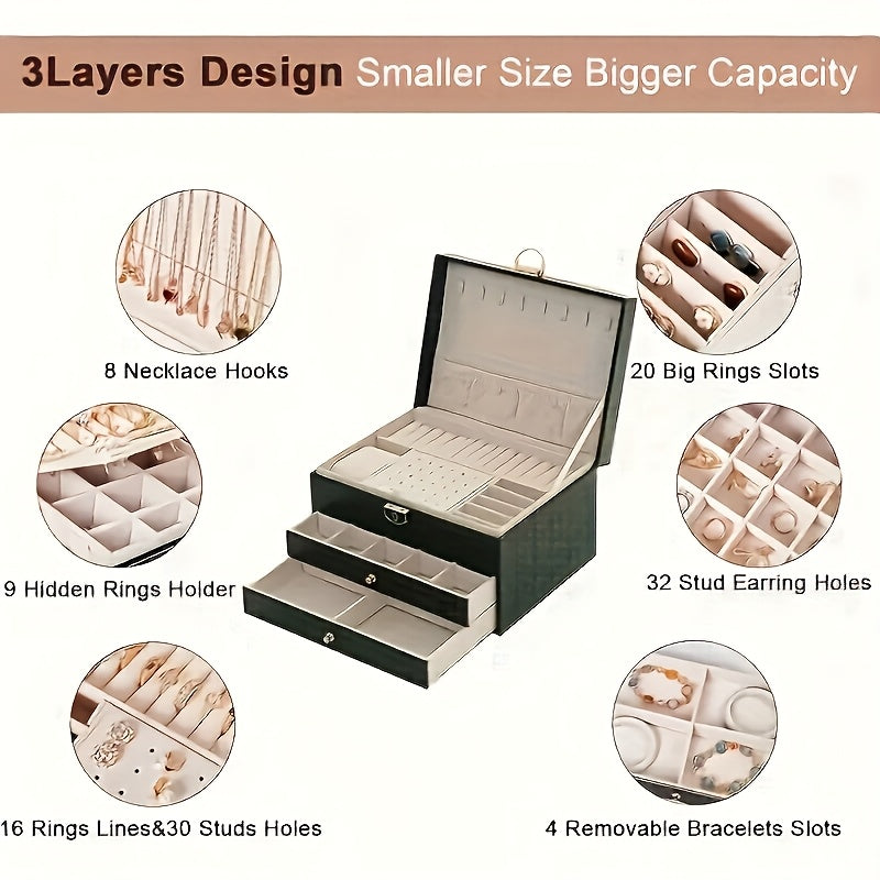 Luxury Key Lock Jewelry Box - Elegant Divided Storage Box, Suitable for Necklaces, Earrings, Bracelets, Watches - Secure Lock Design, Soft Lining - Perfect Gift for Valentine'S Day, Christmas, Birthday - Home or Boutique Display Box - Available in Green,