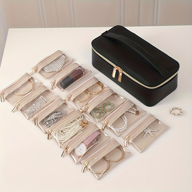 New Trendy Portable Jewelry Box Transparent Jewelry Organizer Large Faux Leather Jewelry Organizer Holiday Gift for Women, Home Dormitory Travel Use Simple Multifunctional Jewelry Box, Transparent Jewelry Bag Storage Bracelet, Earrings, Golden, Necklace,