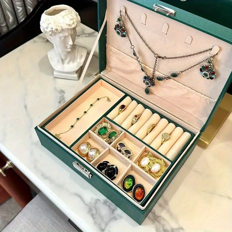 Large Capacity PU Leather Jewelry Box with Golden-Tone Hinges & Locking Mechanism - Beige Multi-Tier Organizer with Soft Cushioned Compartments, Drawers & Open Shelves for Home, Office, Boutique Storage - Elegant Gift Box for Jewelry, Watches, Accessories