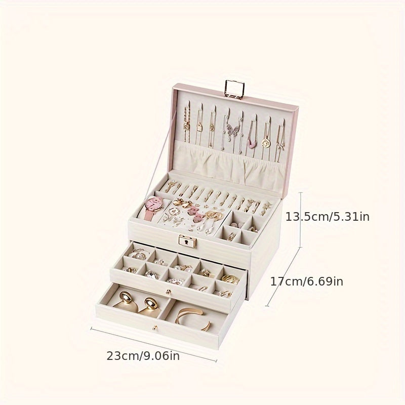 1pc Large Multi-Tier Jewelry Box With Lock, Double Drawer, Multi-Functional Storage Box For Necklace, Rings, Earrings, Watches