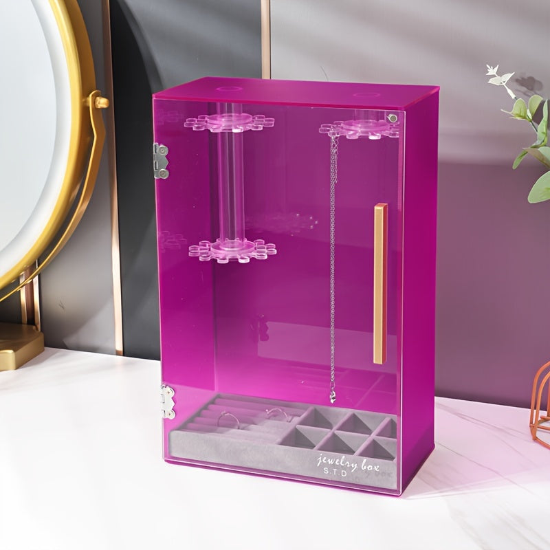 Acrylic Jewelry Organizer Box with Magnetic Closure - Rotating Display for Necklaces, Bracelets, Earrings & Rings - Polished Desktop Storage Box with Fabric Interior, Multi-Hook Design for Organized Access, Jewelry Box, Jewelry Organizer Storage,