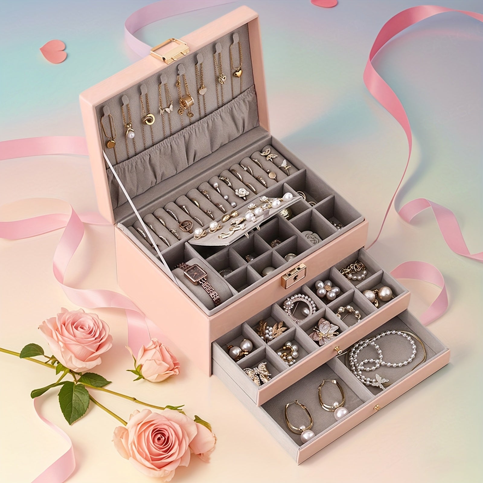 1pc Large Multi-Tier Jewelry Box With Lock, Double Drawer, Multi-Functional Storage Box For Necklace, Rings, Earrings, Watches