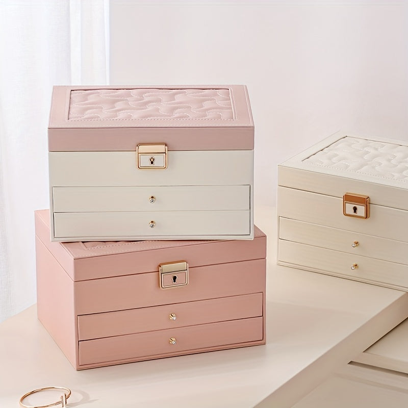 1pc Large Multi-Tier Jewelry Box With Lock, Double Drawer, Multi-Functional Storage Box For Necklace, Rings, Earrings, Watches
