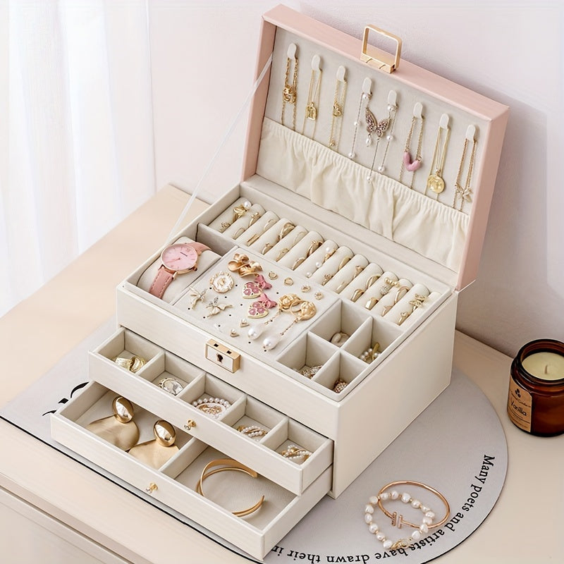 1pc Large Multi-Tier Jewelry Box With Lock, Double Drawer, Multi-Functional Storage Box For Necklace, Rings, Earrings, Watches