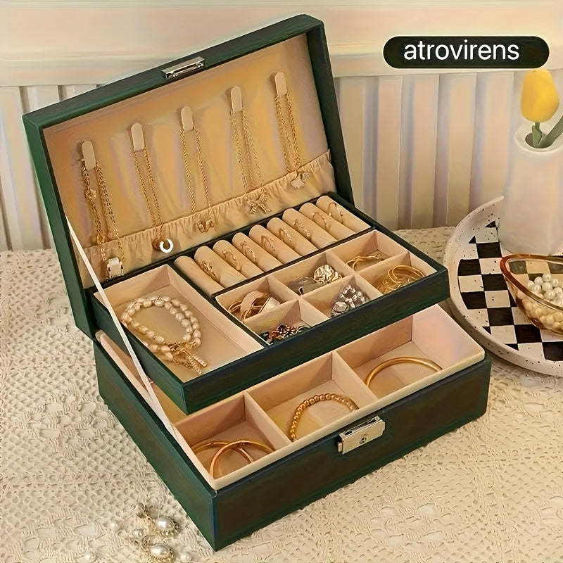Luxury Key Lock Jewelry Box - Elegant Divided Storage Box, Suitable for Necklaces, Earrings, Bracelets, Watches - Secure Lock Design, Soft Lining - Perfect Gift for Valentine'S Day, Christmas, Birthday - Home or Boutique Display Box - Available in Green,