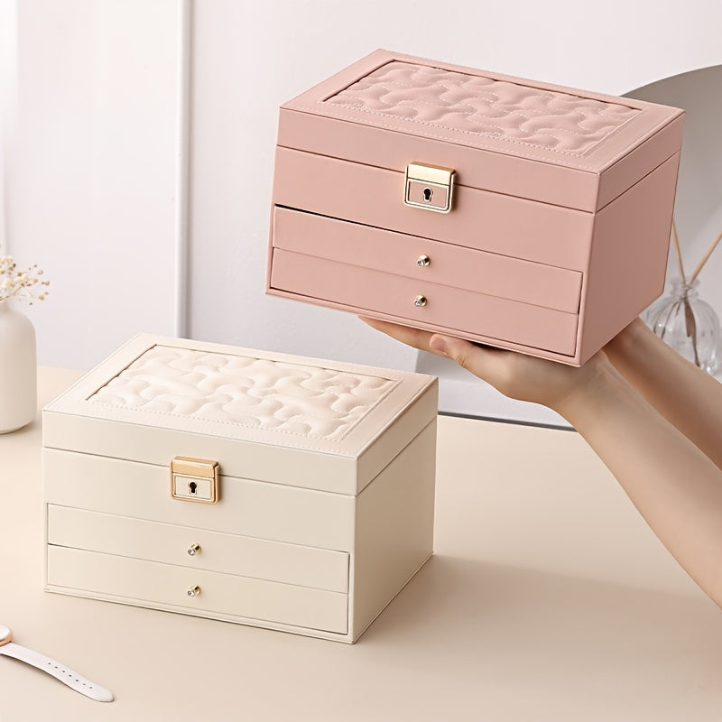 1pc Large Multi-Tier Jewelry Box With Lock, Double Drawer, Multi-Functional Storage Box For Necklace, Rings, Earrings, Watches