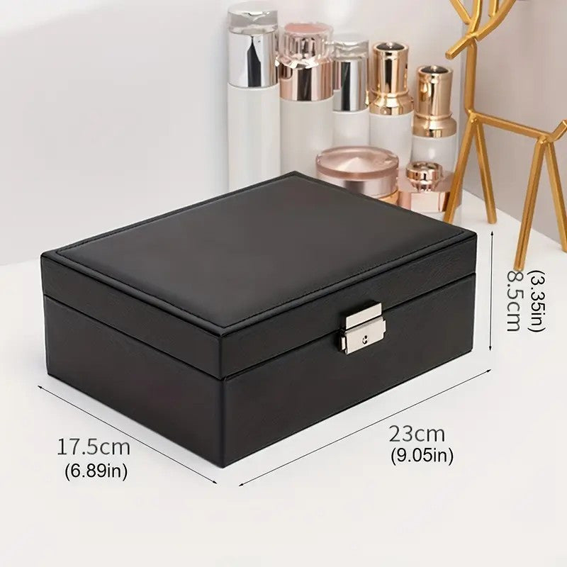 Large Capacity PU Leather Jewelry Box with Golden-Tone Hinges & Locking Mechanism - Beige Multi-Tier Organizer with Soft Cushioned Compartments, Drawers & Open Shelves for Home, Office, Boutique Storage - Elegant Gift Box for Jewelry, Watches, Accessories