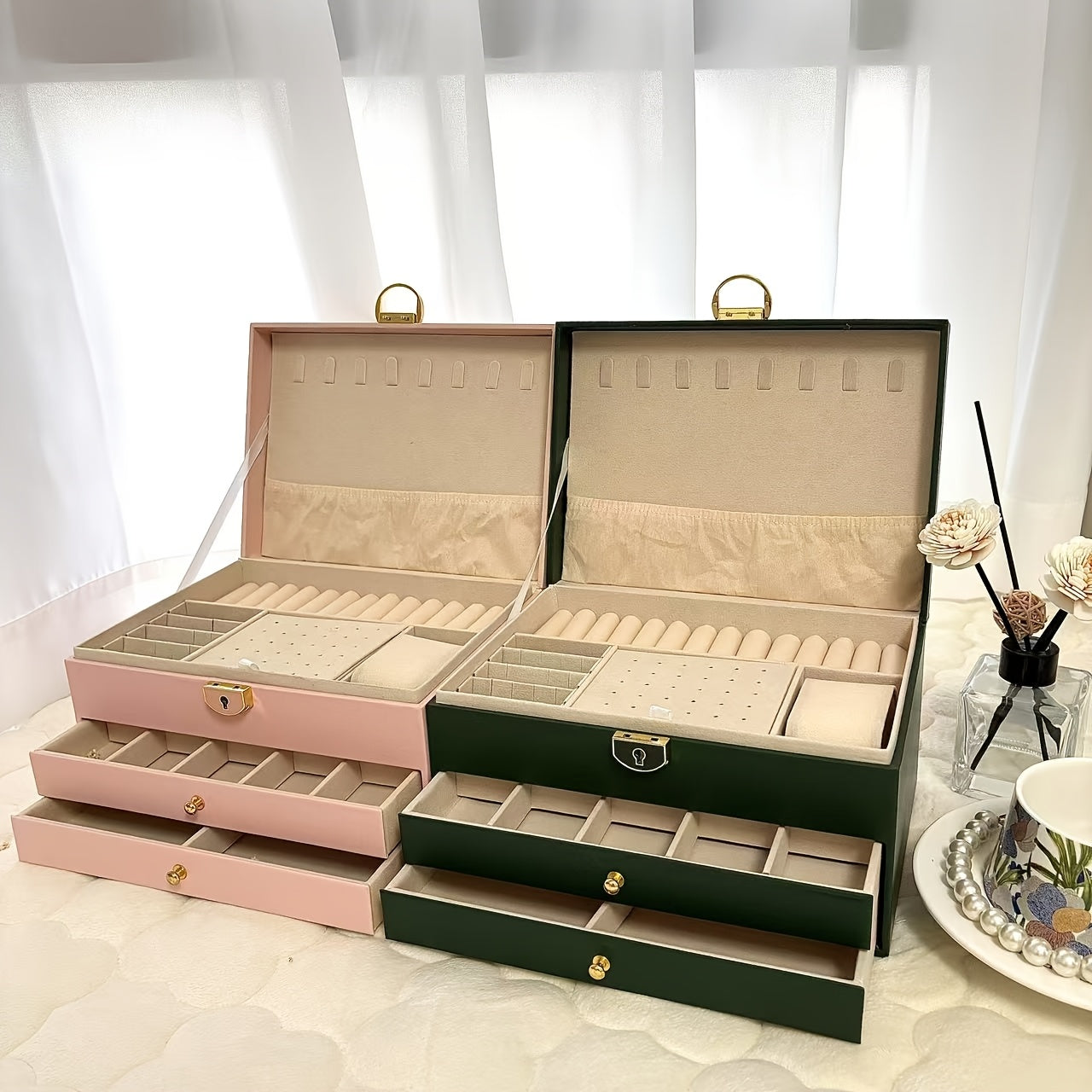 Luxurious Jewelry Organizer Box with Lock - Large Capacity Multi-Layer Display Case for Necklaces, Earrings Bracelets & Watches in Faux Leather Finish. Ideal Gift or Home/Salon Storage Solution, Jewelry Boxes