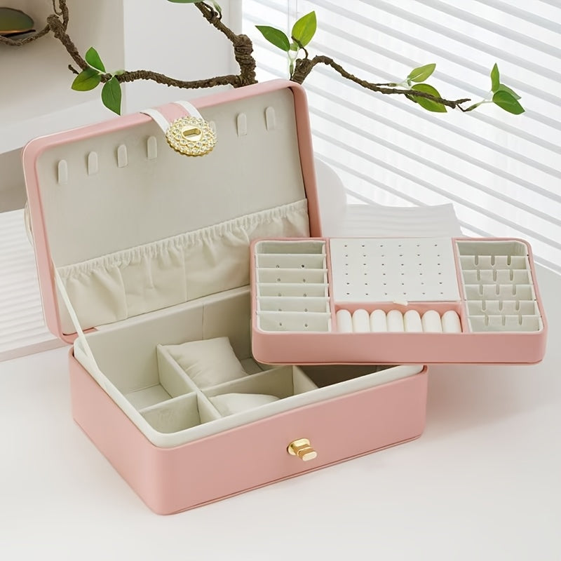 Faux Leather Jewelry and Cosmetics Organizer Box, Elegant Desktop Storage Case with Clasp, for Bedroom and Dressing Table