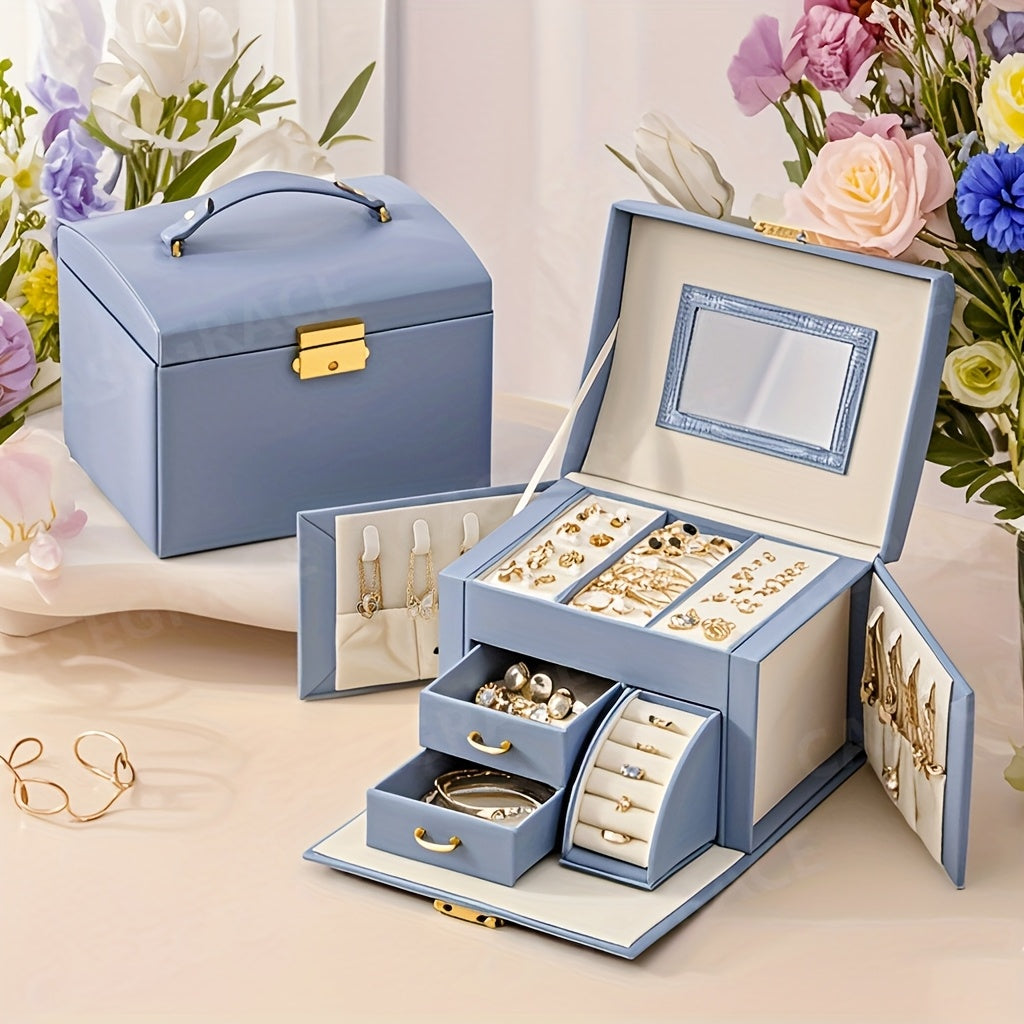 [Portable Jewelry Box] 1pc CASEGRACE Portable Jewelry Organizer Box with Built-in Mirror, Double Drawer Storage & Key Lock - 6.9" Faux Leather Travel Case for Necklaces, Rings, Earrings, Watches - Multi-Compartment Fabric-Lined Interior, Elegant Light