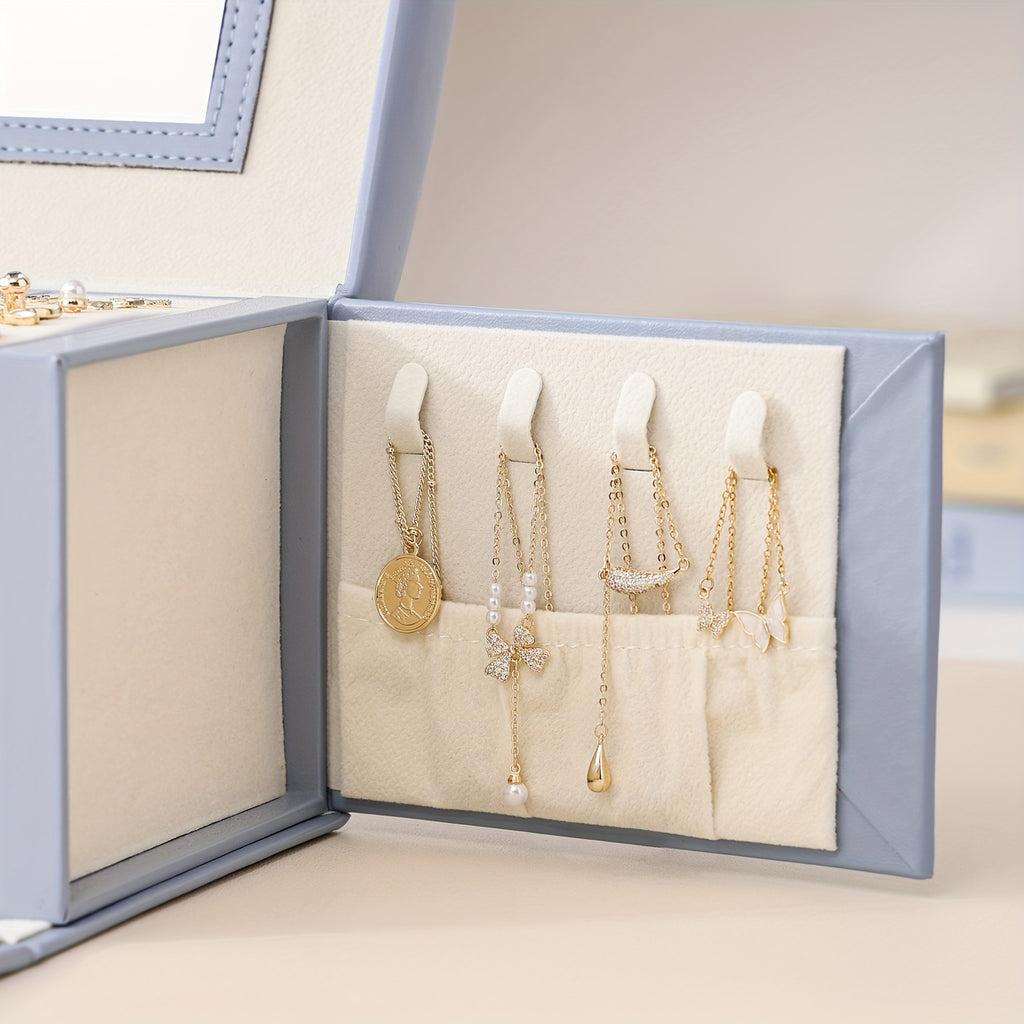 [Portable Jewelry Box] 1pc CASEGRACE Portable Jewelry Organizer Box with Built-in Mirror, Double Drawer Storage & Key Lock - 6.9" Faux Leather Travel Case for Necklaces, Rings, Earrings, Watches - Multi-Compartment Fabric-Lined Interior, Elegant Light