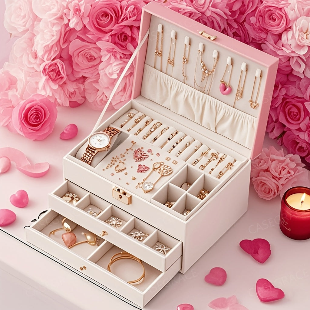 1pc Large Multi-Tier Jewelry Box With Lock, Double Drawer, Multi-Functional Storage Box For Necklace, Rings, Earrings, Watches