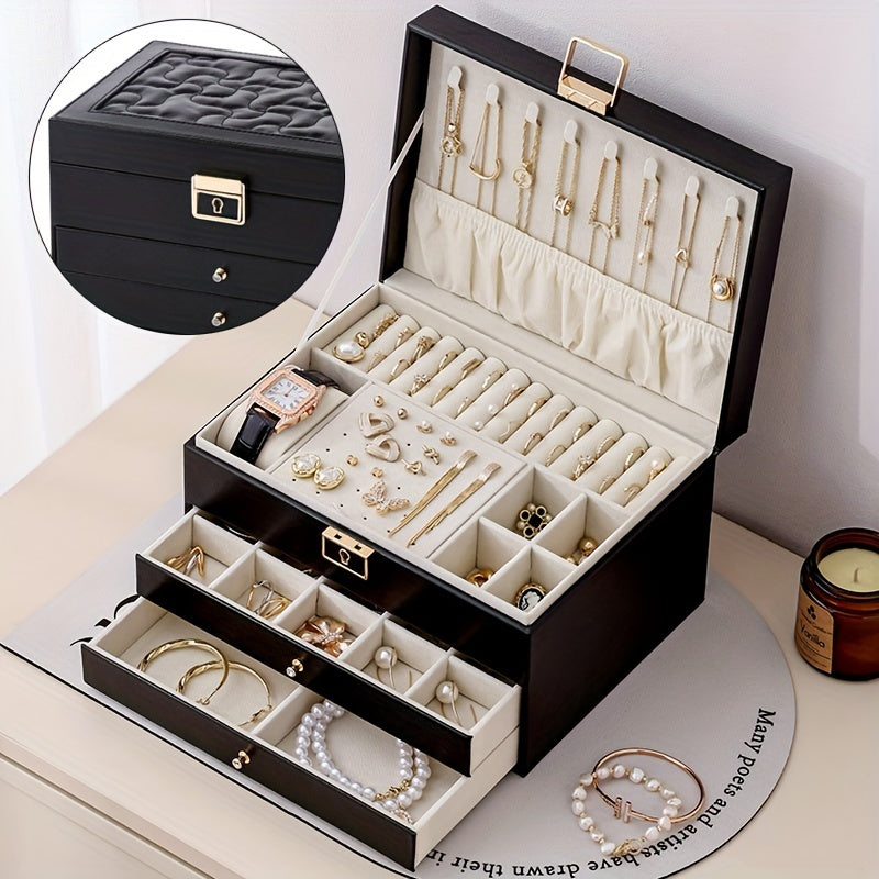 1pc Large Multi-Tier Jewelry Box With Lock, Double Drawer, Multi-Functional Storage Box For Necklace, Rings, Earrings, Watches