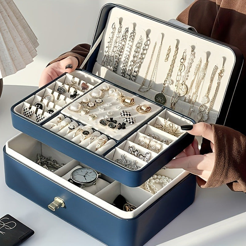 Faux Leather Jewelry and Cosmetics Organizer Box, Elegant Desktop Storage Case with Clasp, for Bedroom and Dressing Table