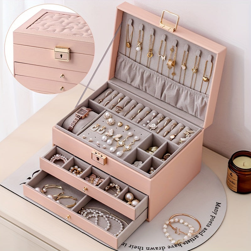 1pc Large Multi-Tier Jewelry Box With Lock, Double Drawer, Multi-Functional Storage Box For Necklace, Rings, Earrings, Watches