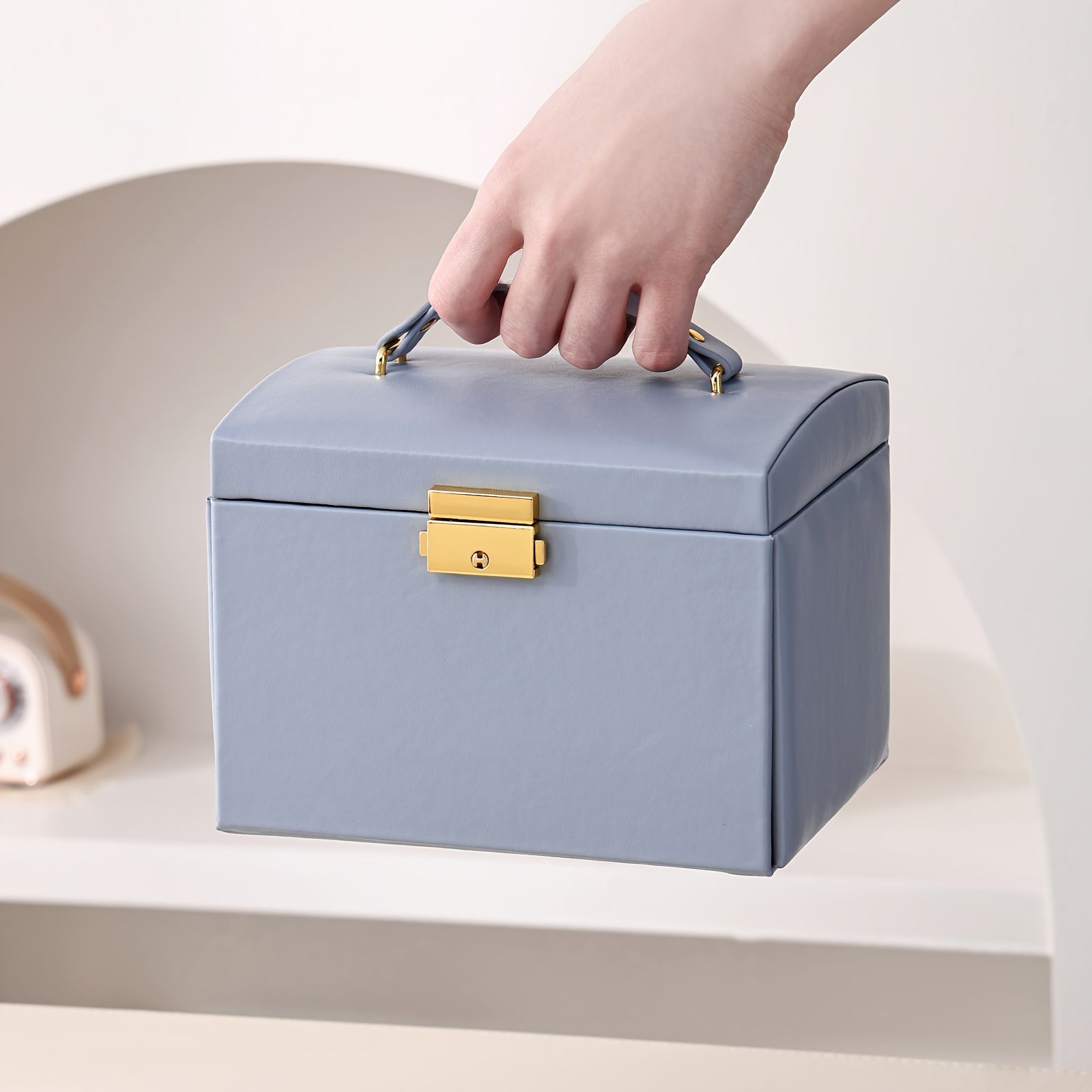 [Portable Jewelry Box] 1pc CASEGRACE Portable Jewelry Organizer Box with Built-in Mirror, Double Drawer Storage & Key Lock - 6.9" Faux Leather Travel Case for Necklaces, Rings, Earrings, Watches - Multi-Compartment Fabric-Lined Interior, Elegant Light