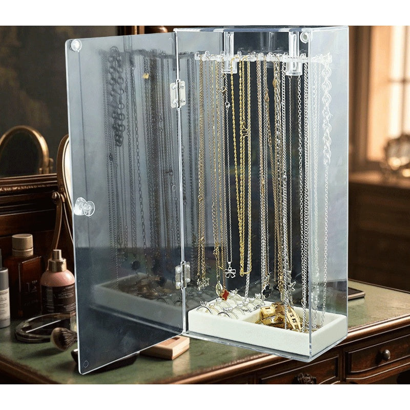 [Compact Size] Sleek Black Acrylic Jewelry Organizer - Multi-Compartment Necklace and Bracelet Storage Rack with Lockable Closure, Fabric-Lined Interior, Perfect for Dresser Display, Jewelry Organizer Storage, Jewelry Boxes