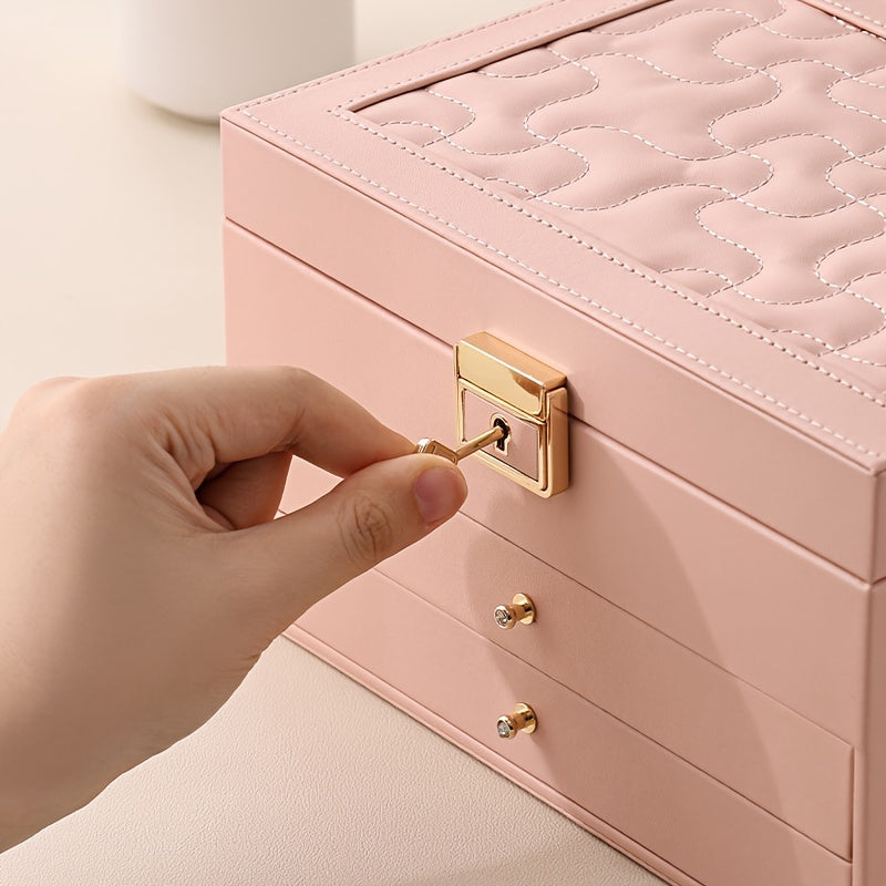 1pc Large Multi-Tier Jewelry Box With Lock, Double Drawer, Multi-Functional Storage Box For Necklace, Rings, Earrings, Watches