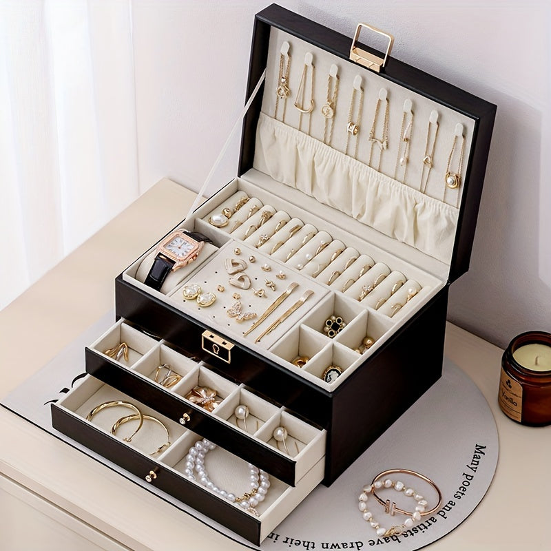 1pc Large Multi-Tier Jewelry Box With Lock, Double Drawer, Multi-Functional Storage Box For Necklace, Rings, Earrings, Watches