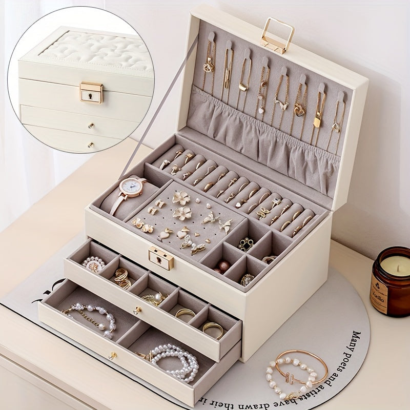 1pc Large Multi-Tier Jewelry Box With Lock, Double Drawer, Multi-Functional Storage Box For Necklace, Rings, Earrings, Watches