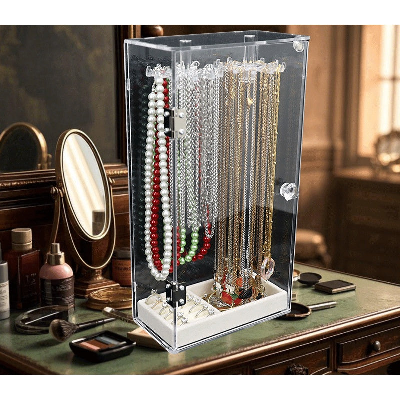 [Compact Size] Sleek Black Acrylic Jewelry Organizer - Multi-Compartment Necklace and Bracelet Storage Rack with Lockable Closure, Fabric-Lined Interior, Perfect for Dresser Display, Jewelry Organizer Storage, Jewelry Boxes