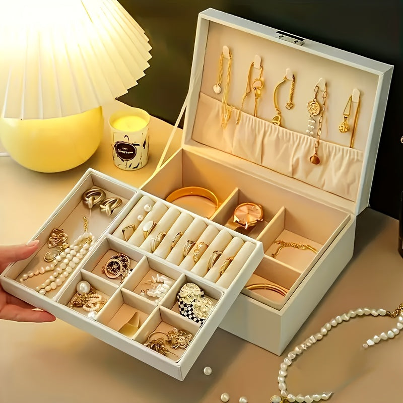 Large Capacity PU Leather Jewelry Box with Golden-Tone Hinges & Locking Mechanism - Beige Multi-Tier Organizer with Soft Cushioned Compartments, Drawers & Open Shelves for Home, Office, Boutique Storage - Elegant Gift Box for Jewelry, Watches, Accessories