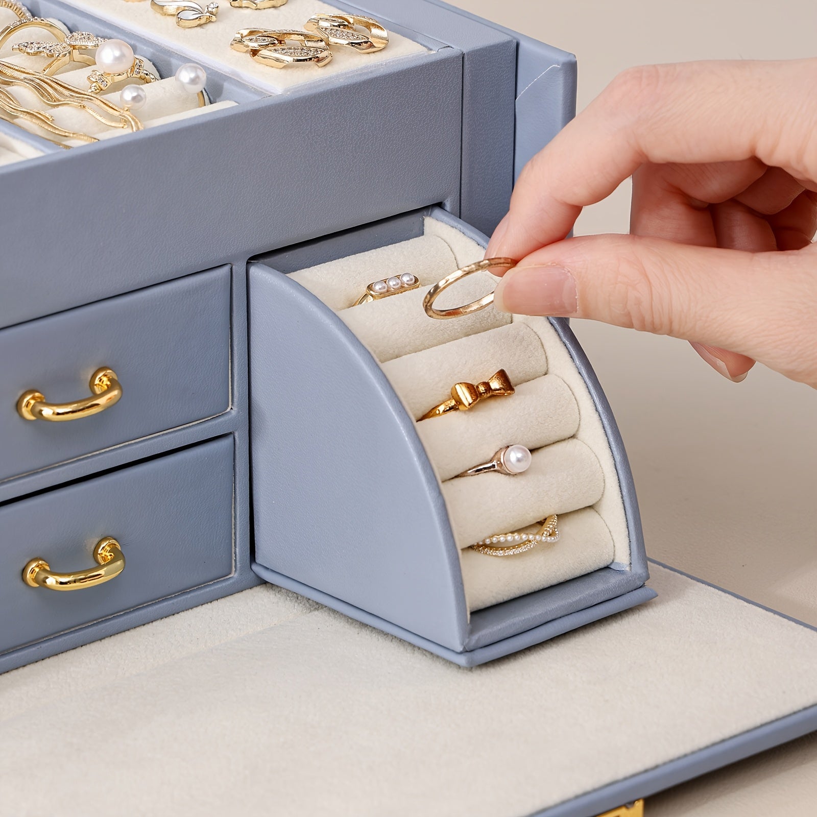 [Portable Jewelry Box] 1pc CASEGRACE Portable Jewelry Organizer Box with Built-in Mirror, Double Drawer Storage & Key Lock - 6.9" Faux Leather Travel Case for Necklaces, Rings, Earrings, Watches - Multi-Compartment Fabric-Lined Interior, Elegant Light
